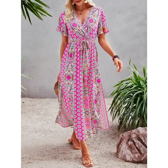 VCAY Allover Print Butterfly Sleeve Split Side Belted Dress - Picture 2 of 11